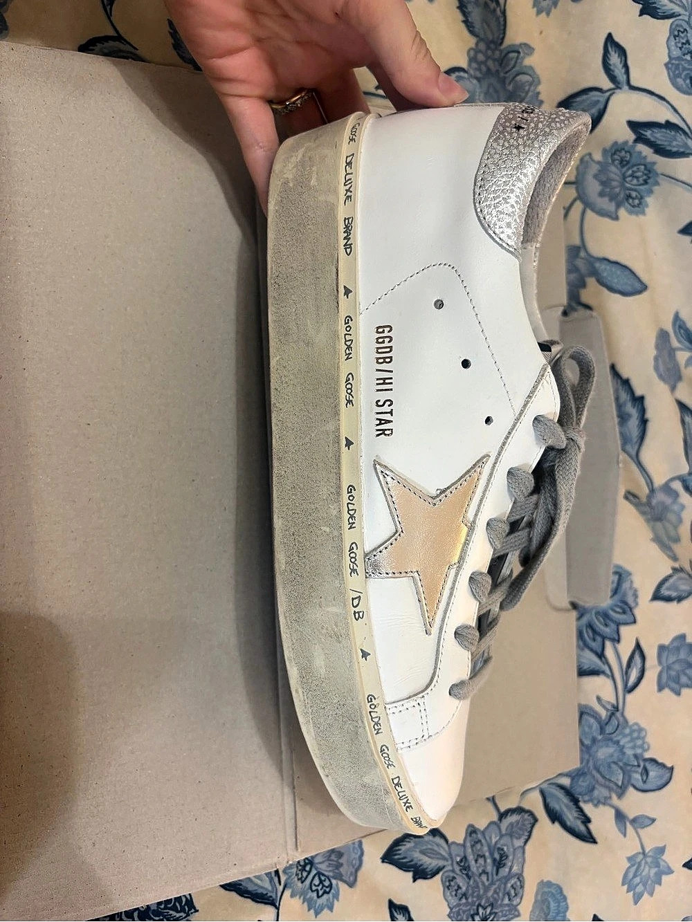 Golden Goose Hi Star Leather Sneaker with Silver Glitter Heel Tab White & Silver